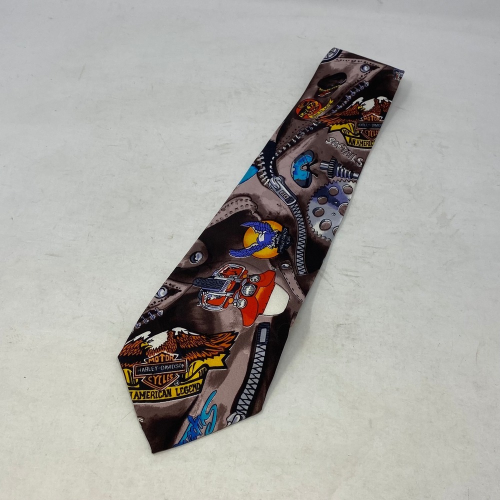 Vintage 1991 Nicole Miller Harley Davidson Motorcycle Silk Tie Brown Multi
